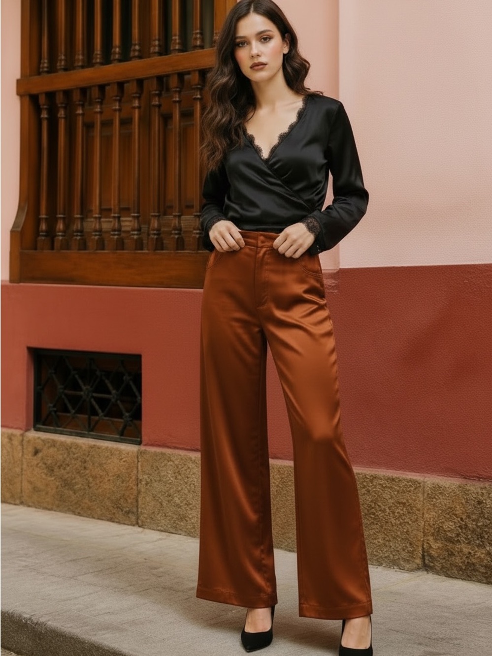 Re:named Satin Wide-Leg Pants in Rust m